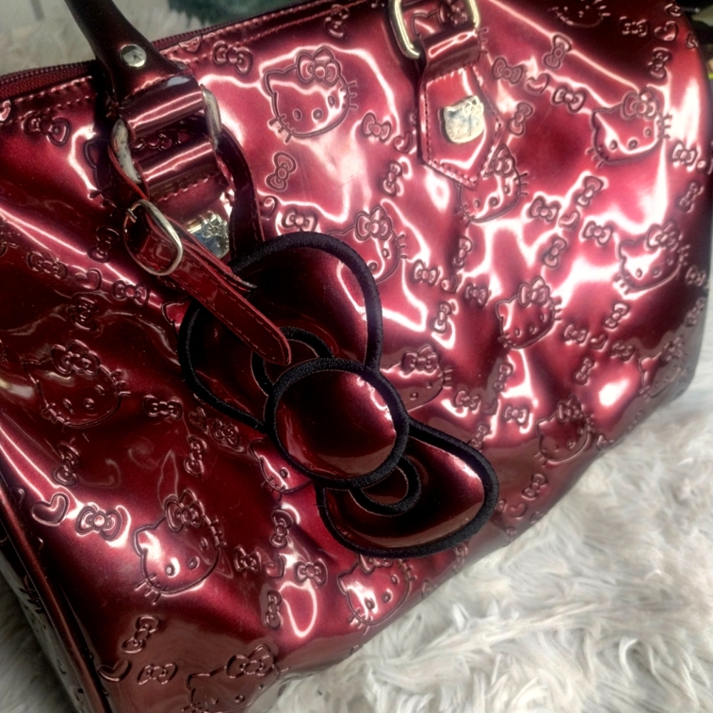 Authentic Sanrio Hello Kitty Lg Round Double Handle + Dust Bag, Burgundy/Wine